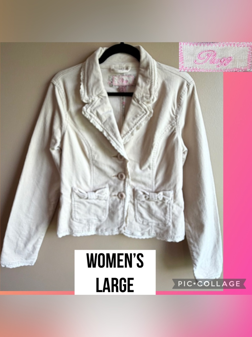 Plugg Womens Jacket Corduroy 3 Button Blazer Cream Beige Bow Pockets Size Large